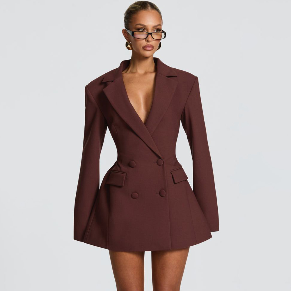 Women Formal Wear For Party - Elegant Women's Brown Flared Blazer Dress