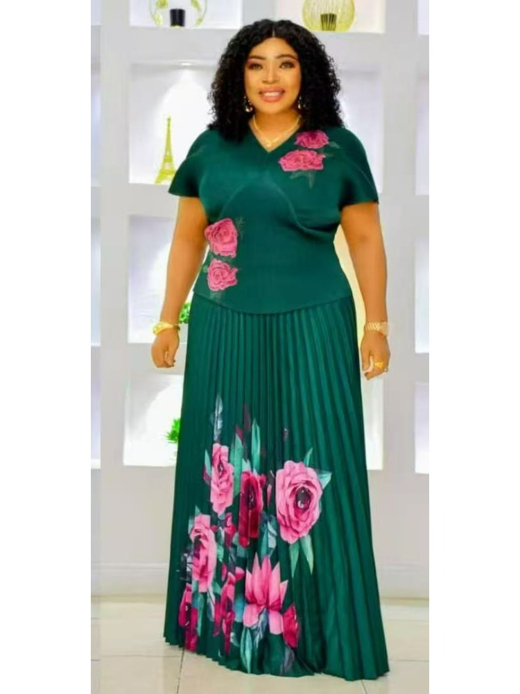 Pencil Skirt Midi - Miyake African V-neck Pleated Short-sleeved Printed