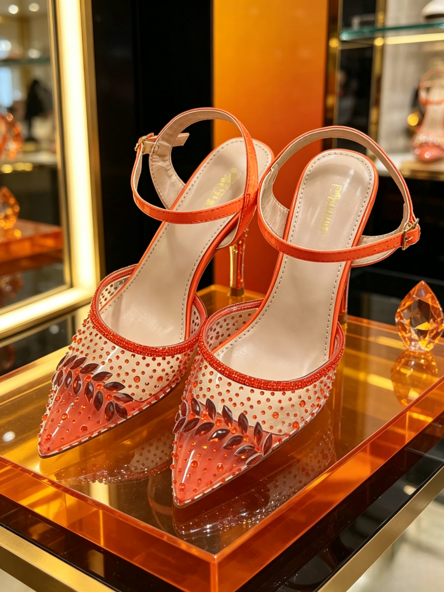 Slingback Heel Formal - 2026 Orange Transparent Mesh Rhinestone Slingback
