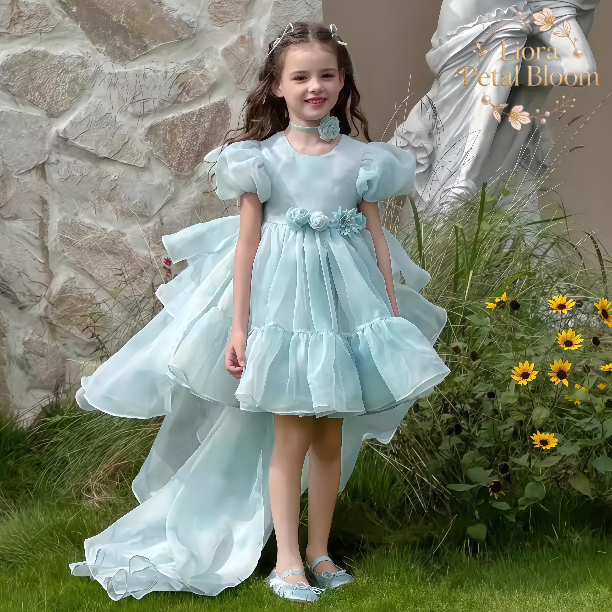 Women Formal Wear For Party - Blue Tulle Gown Girls' Bow Party
