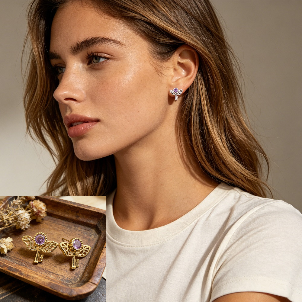 Retro Key Amethyst Stud Earrin - огляд і ціна Women'S Formal Day Wear